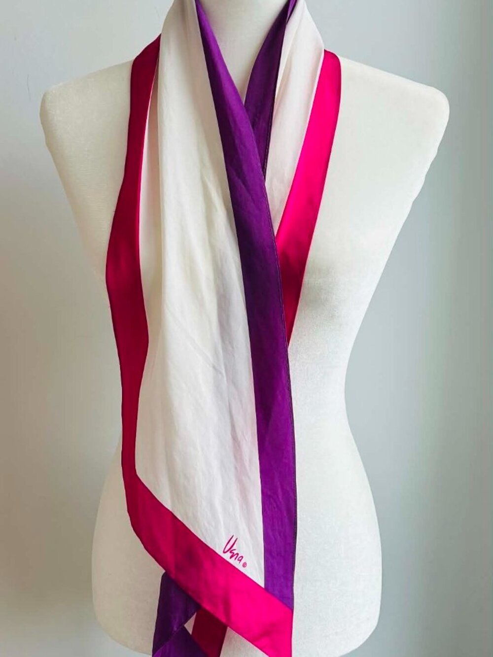 Vintage MCM Vera Neumann Ivory with Pink & Purple Linear Borders Obong Scarf